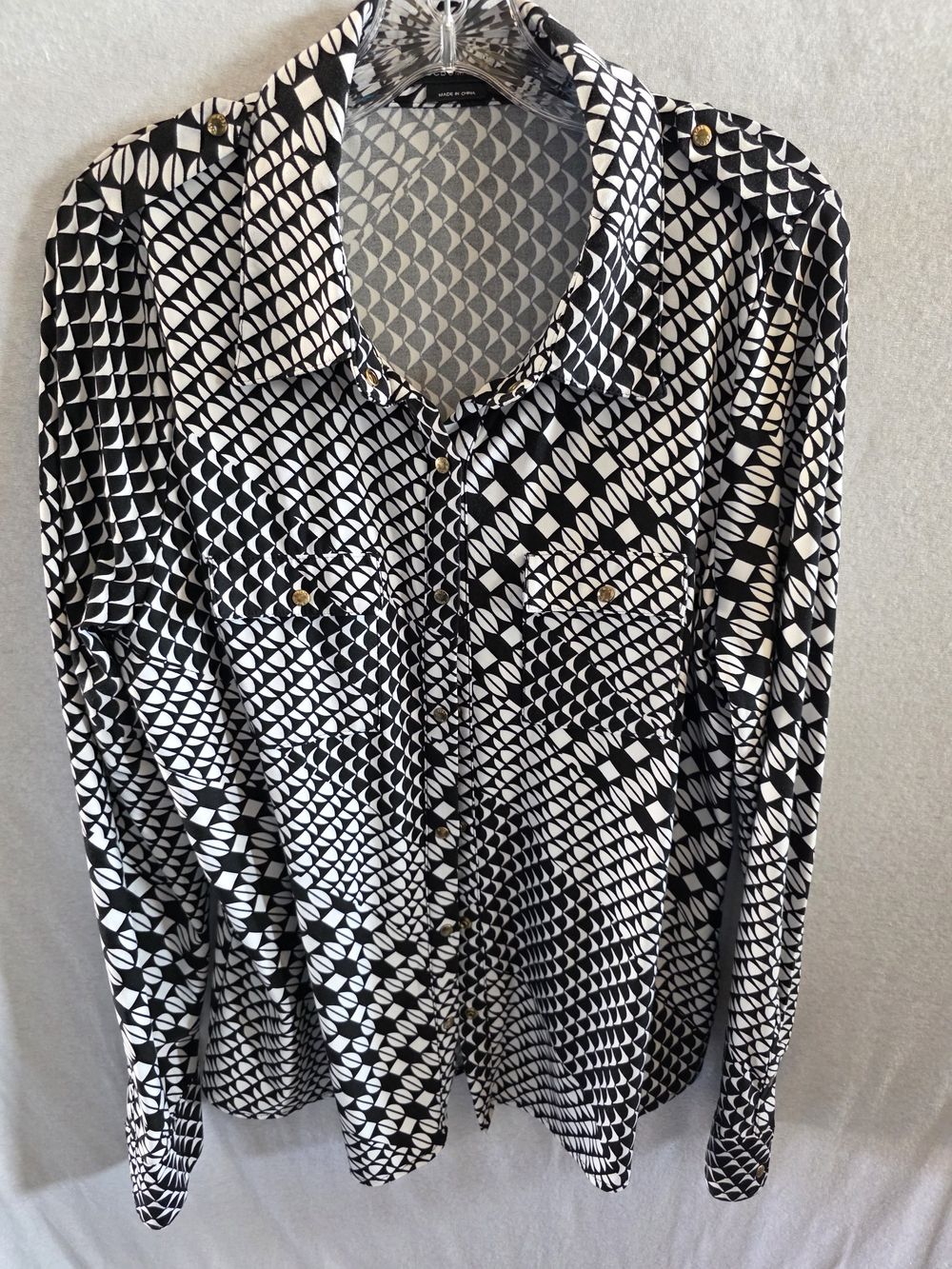 BCBGMaxAzria Black and White Geometric Button-Down Shirt
